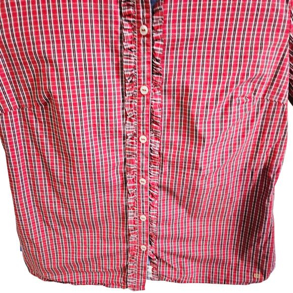 Tommy Hilfiger Women's M Ruffle Front Button Up Red Green Plaid Checkered - Picture 6 of 8